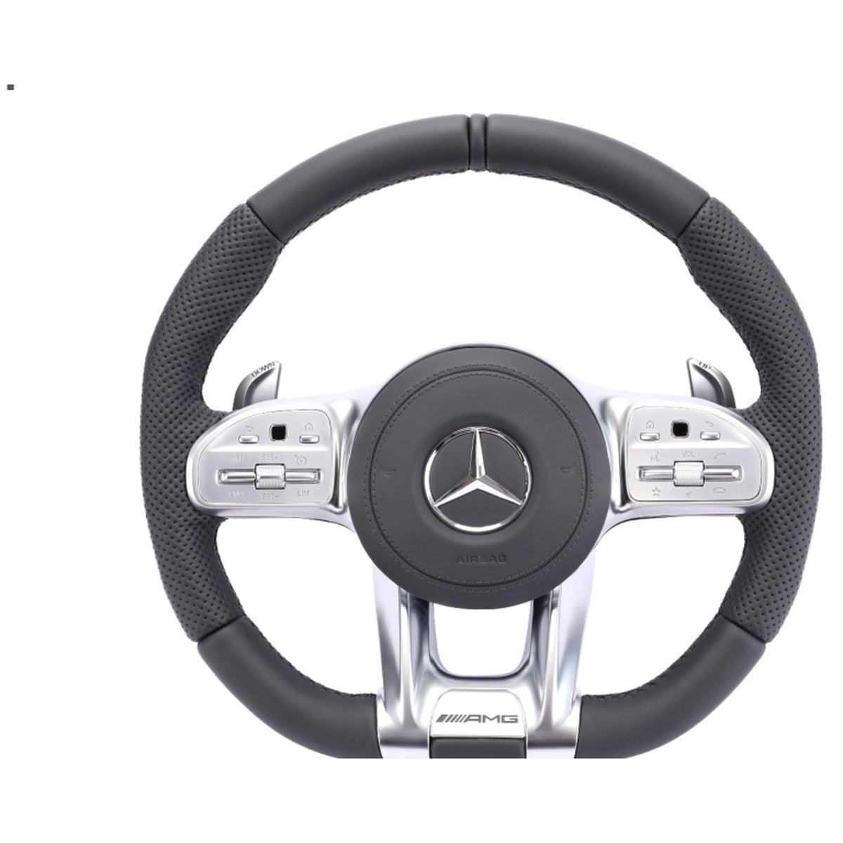 Mercedes-Benz Black Leather Flat-Bottom Steering Wheel – Silver Performance Trim