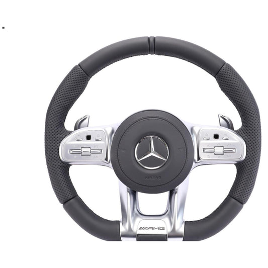 Mercedes-Benz Black Leather Flat-Bottom Steering Wheel – Silver Performance Trim