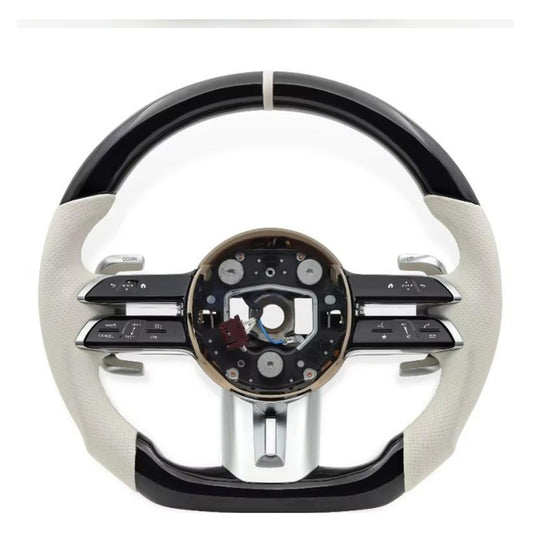 Mercedes-Benz Gloss Black Flat-Bottom Steering Wheel – Cream Perforated Grips